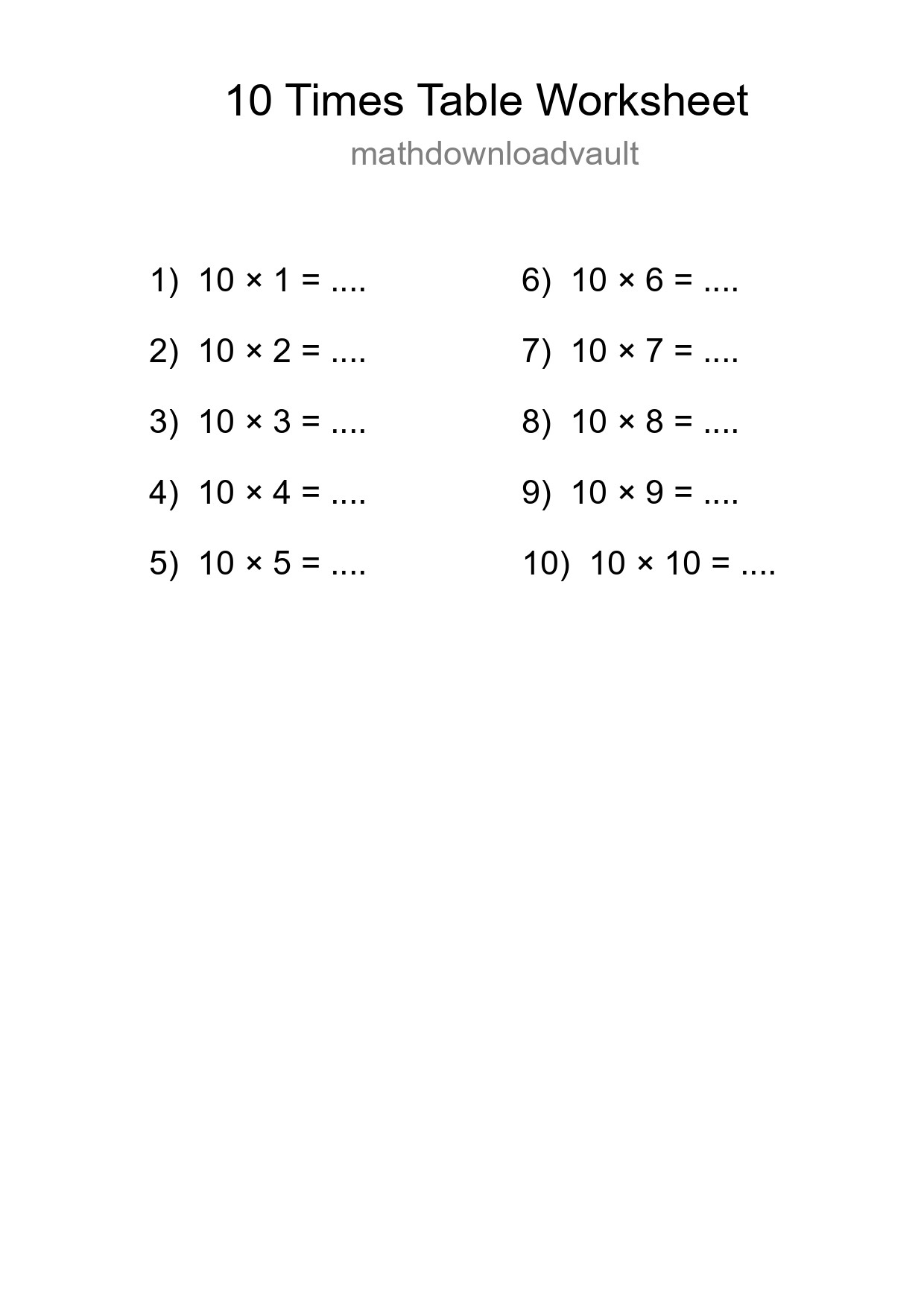 10 Times Table Worksheet For Grade 3 - Part 42