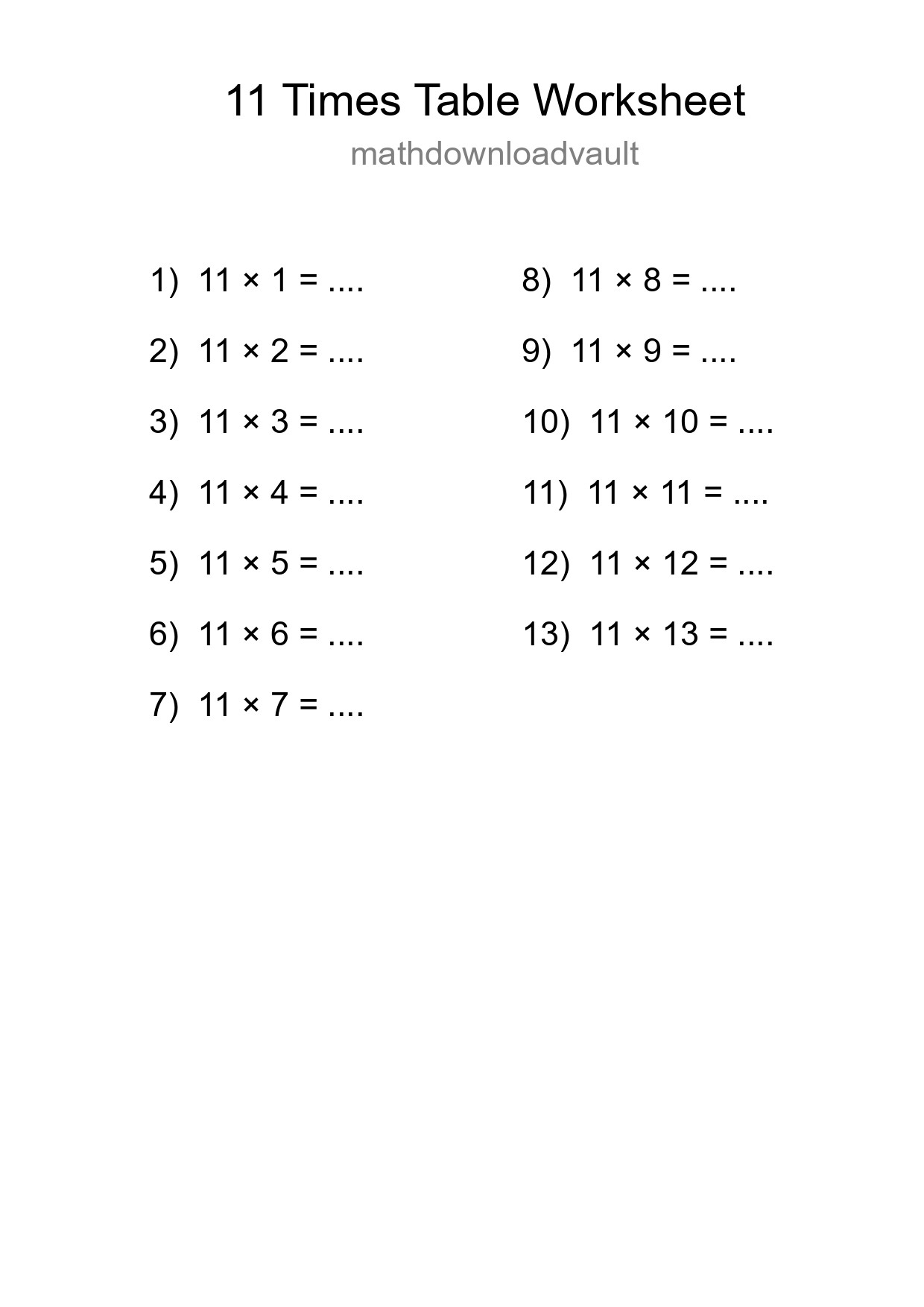 11 Times Table Worksheet For Grade 4 - Part 185