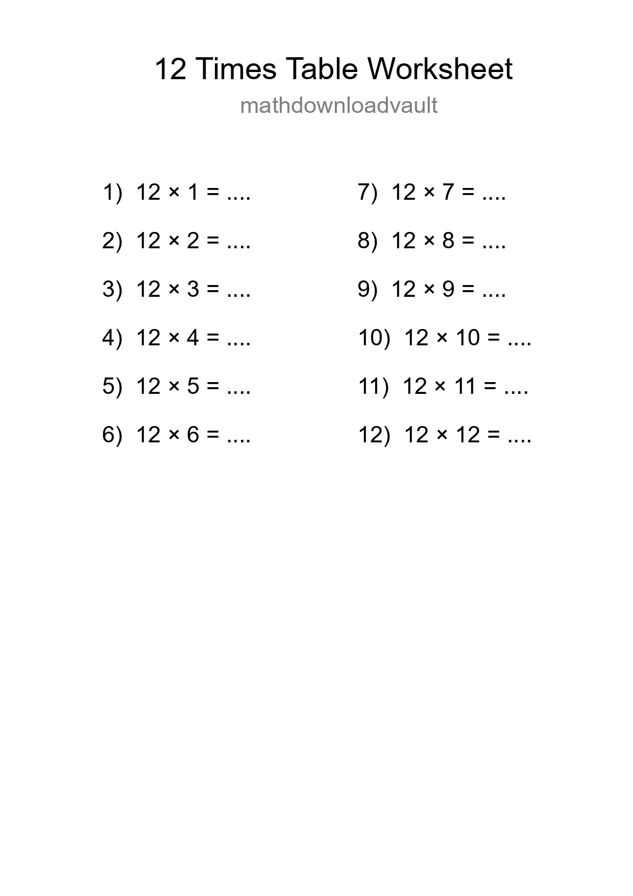 12 Times Table Worksheet For Grade 4 - Part 284