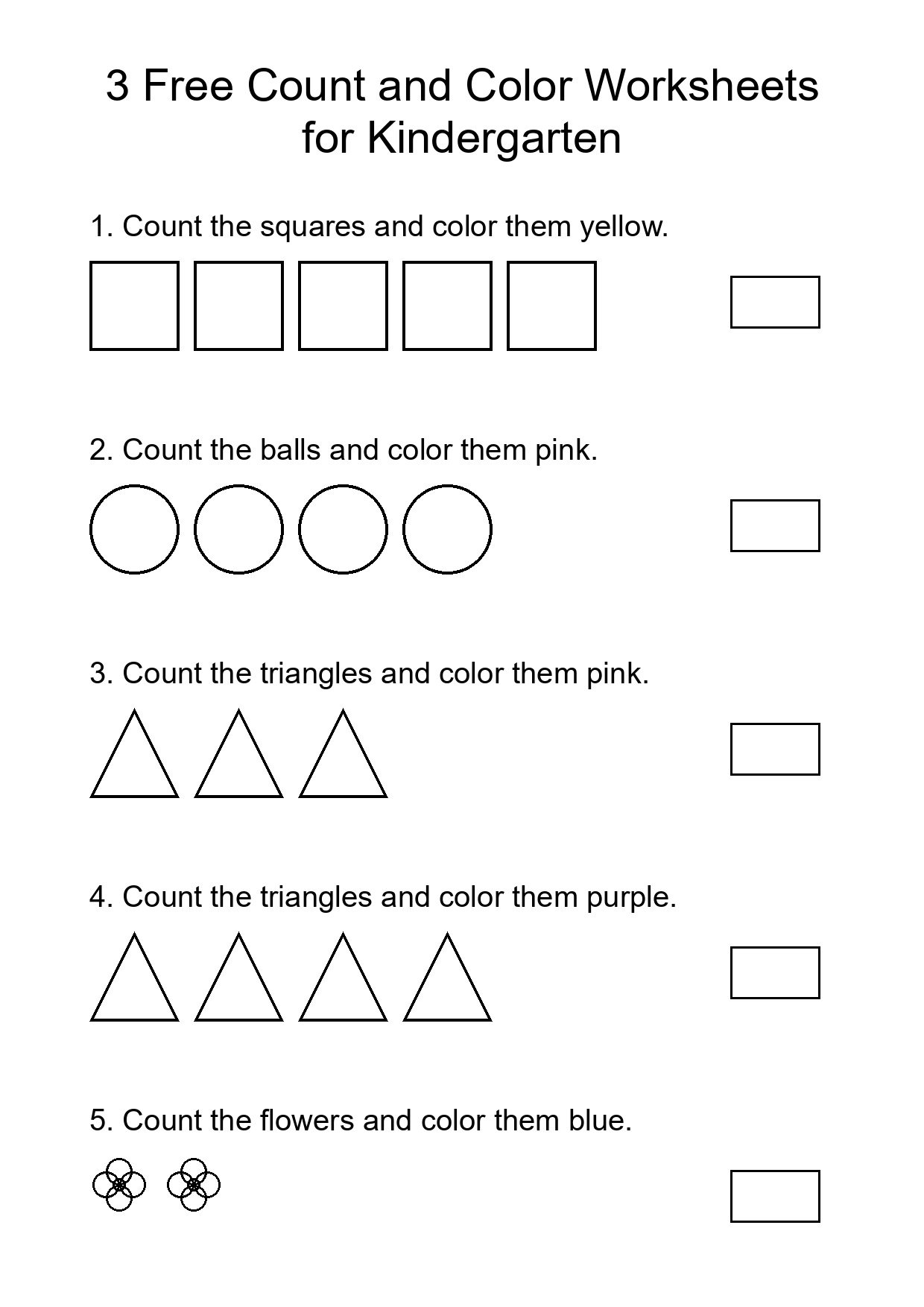 3 Free Count and Color Worksheets for Kindergarten