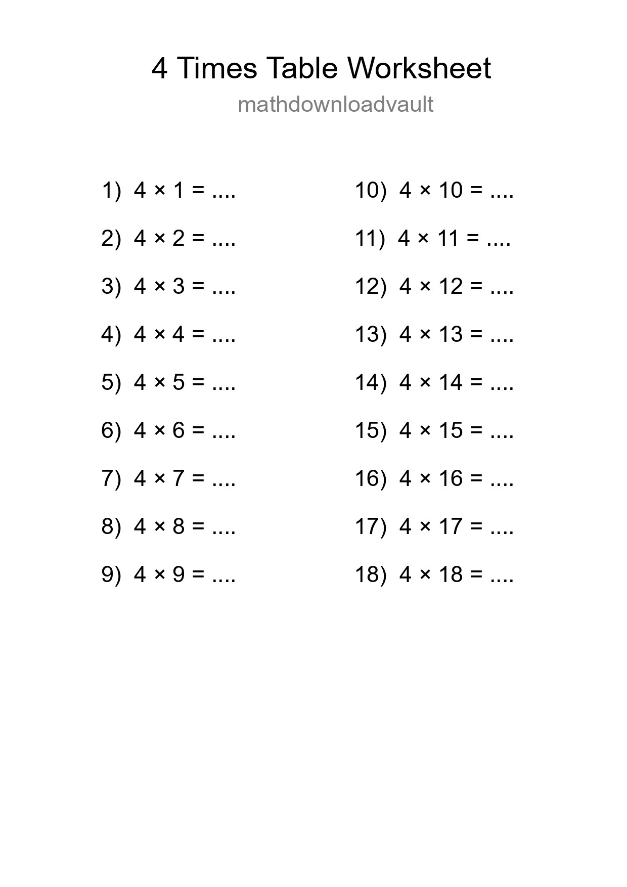 4 Times Table Worksheet For Grade 2 - Part 20