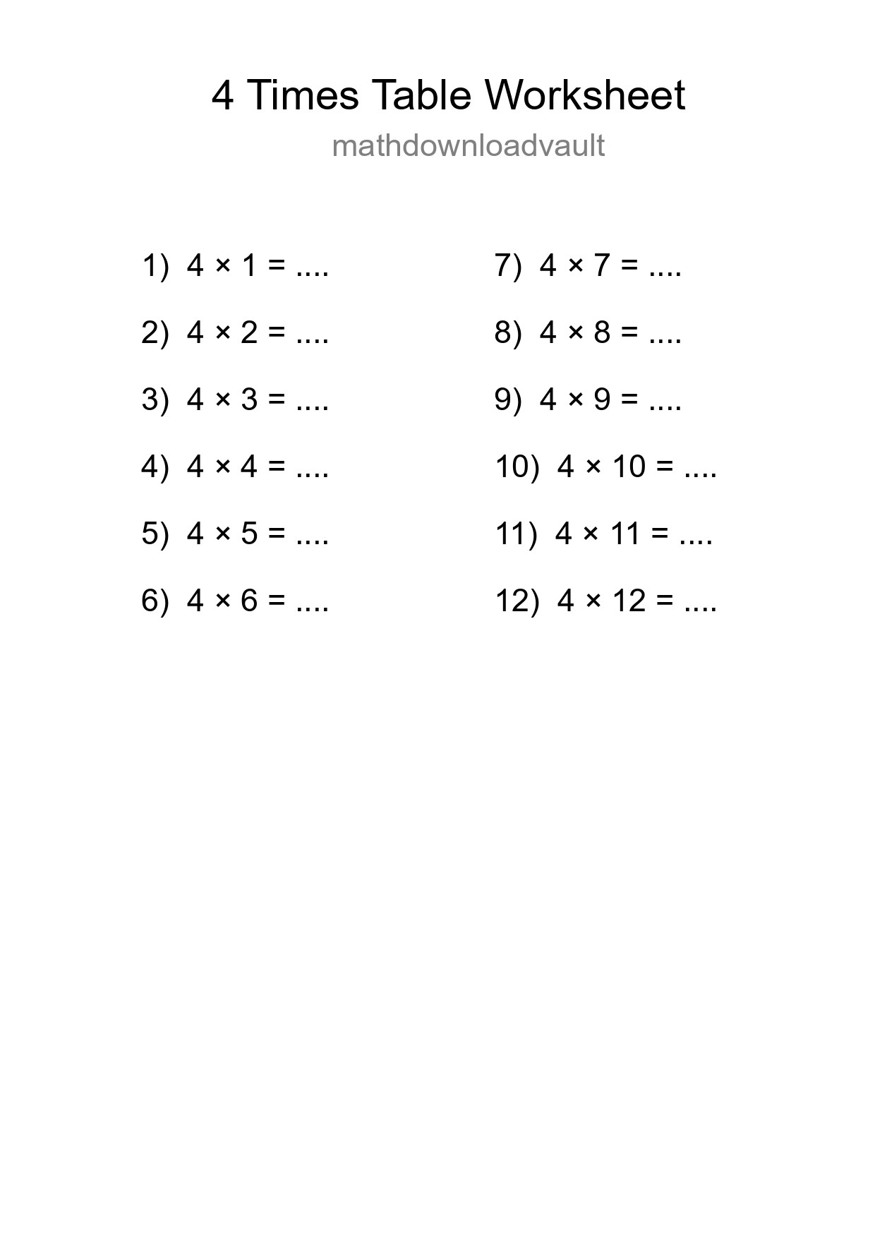 4 Times Table Worksheet For Grade 2 - Part 64