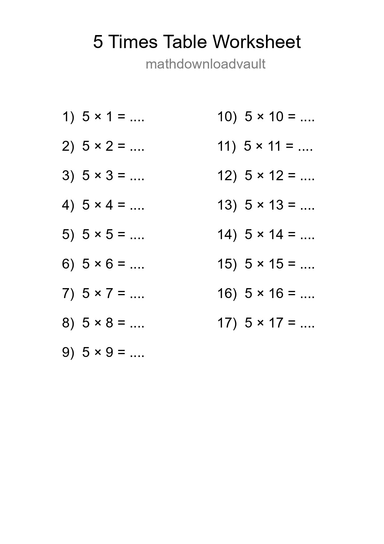 5 Times Table Worksheet For Grade 2 With Answers - Part 229