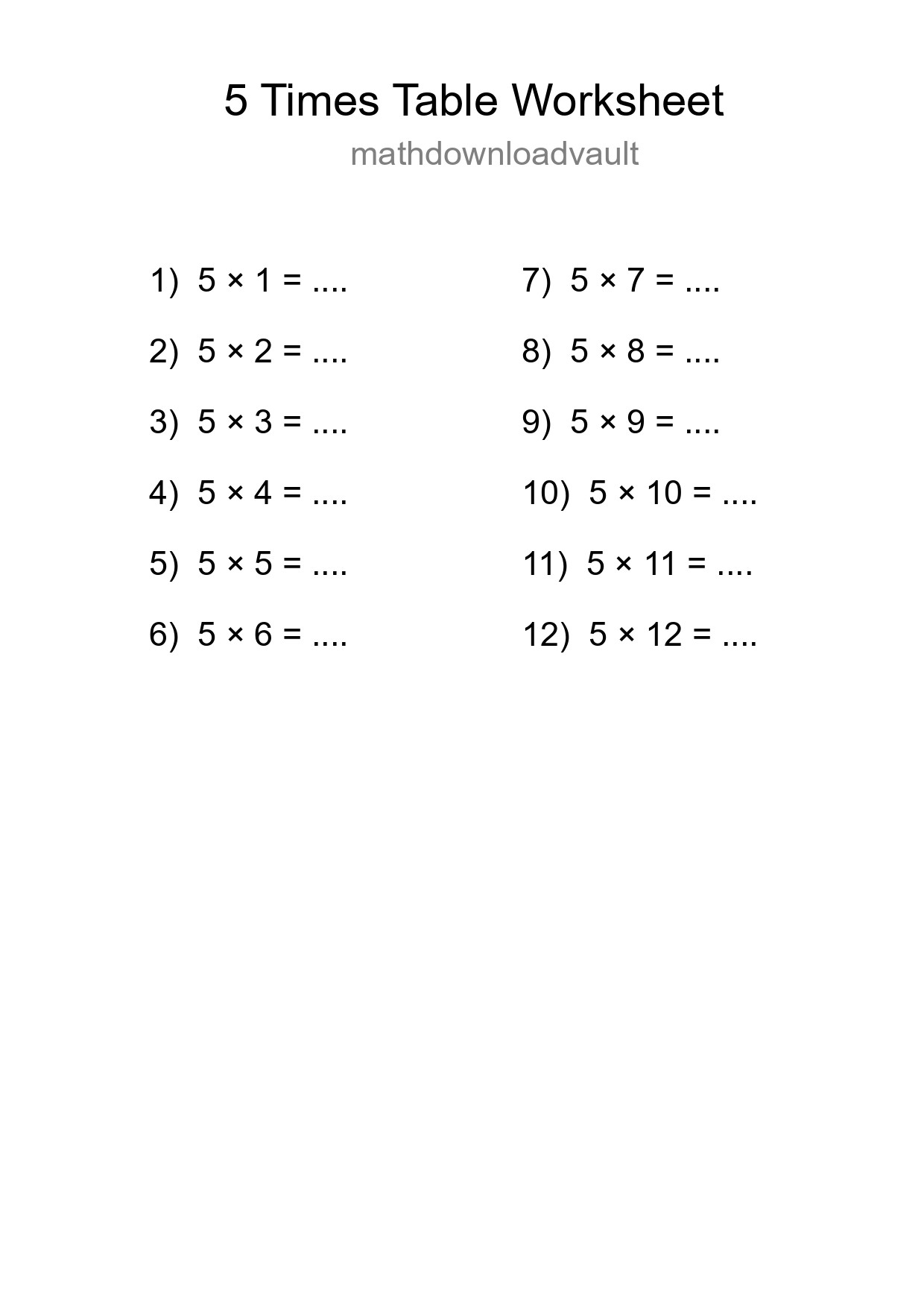 5 Times Table Worksheet For Grade 2 With Answers - Part 273