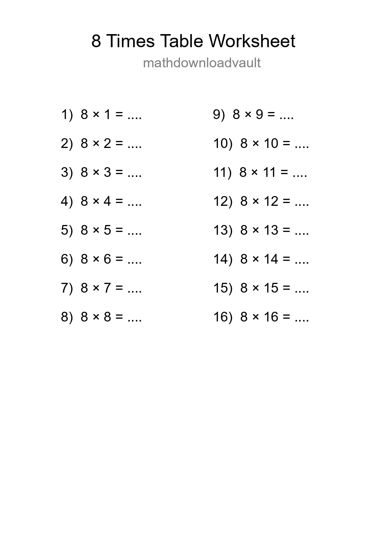 8 Times Table Worksheet For Grade 3 With Answers - Part 86