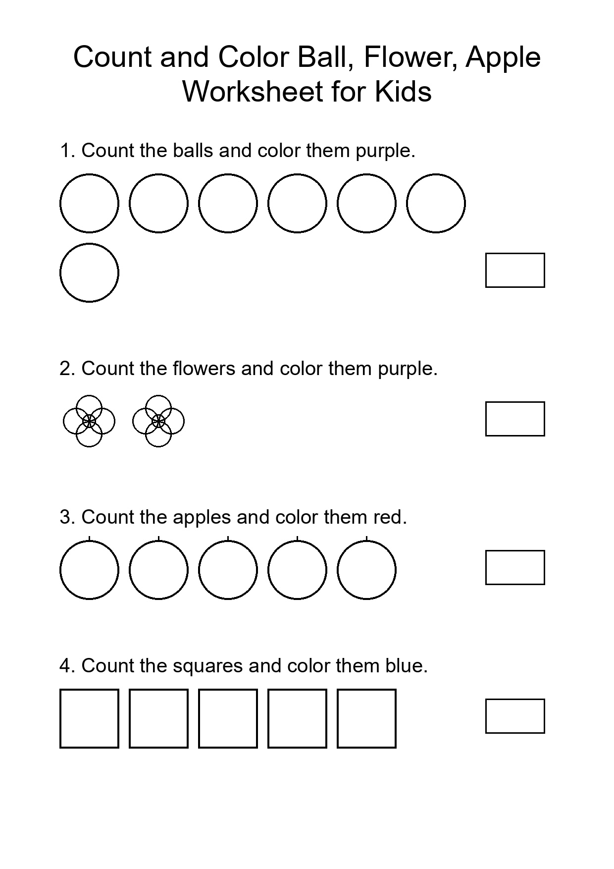Count and Color Ball, Flower, Apple Worksheet for Kids