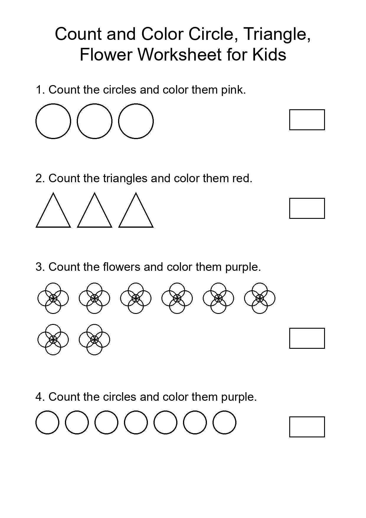 Count and Color Circle, Triangle, Flower Worksheet for Kids