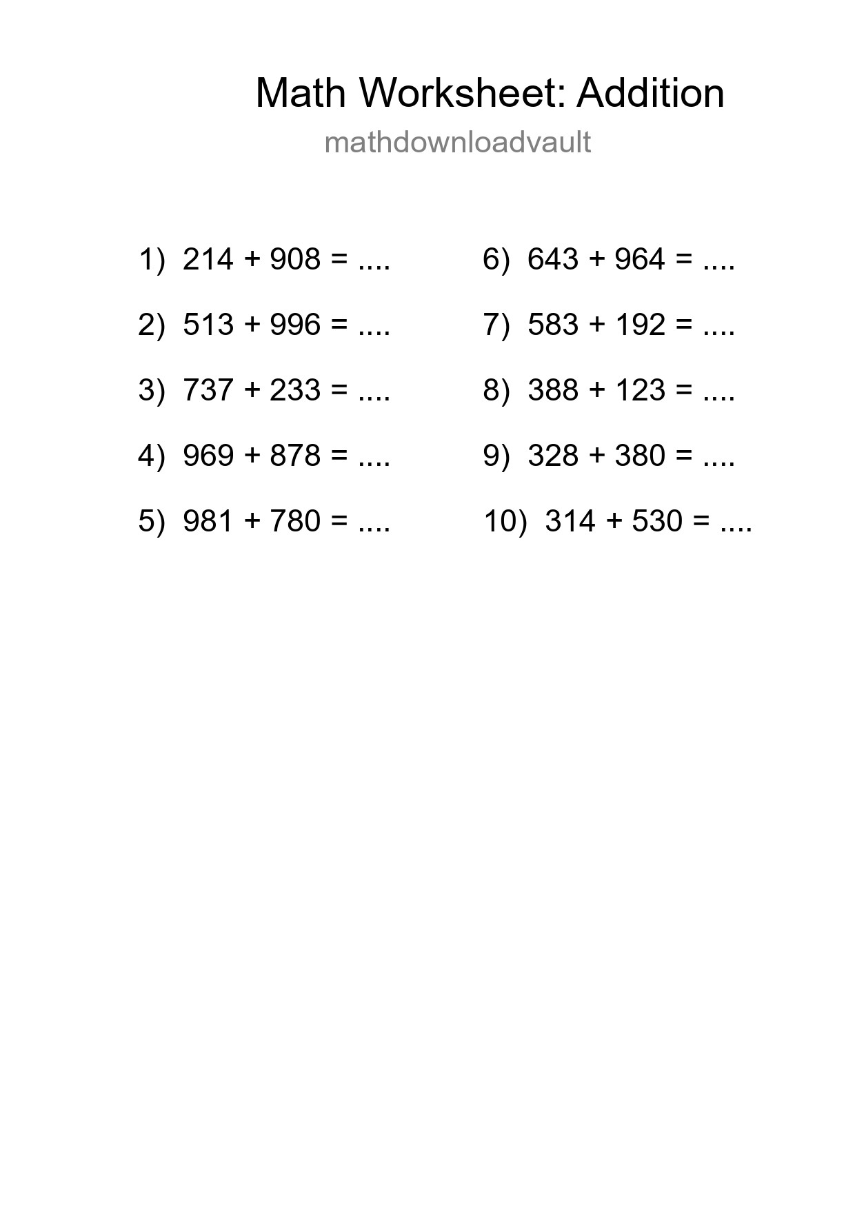 Free 10 Addition Math Worksheet For Grade 5 With Answers - Part 232