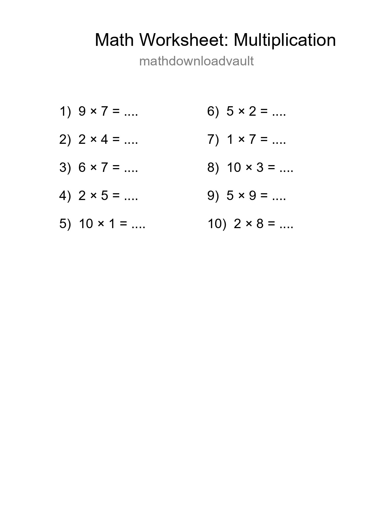 Free 10 Multiplication Math Worksheet For Grade 1 With Answers - Part 183