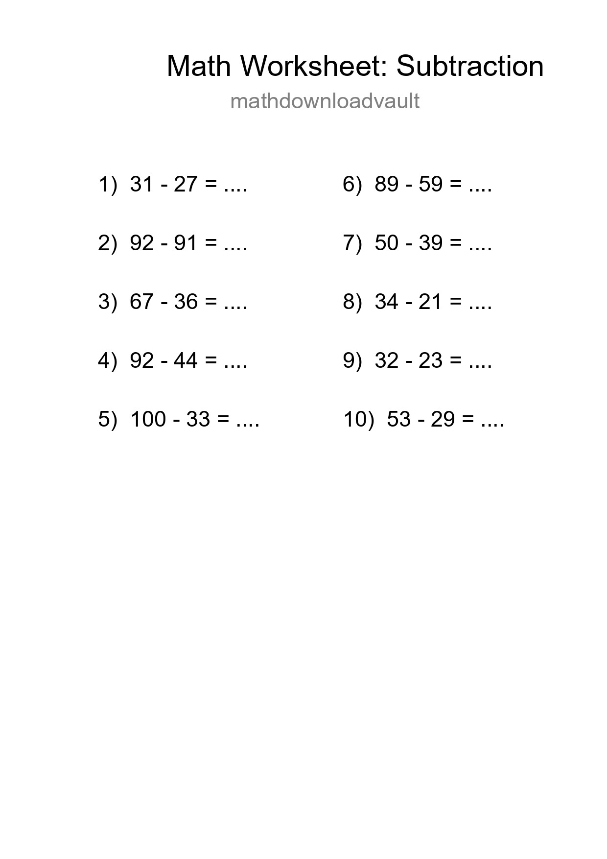 Free 10 Subtraction Math Worksheet For Grade 3 With Answers - Part 19