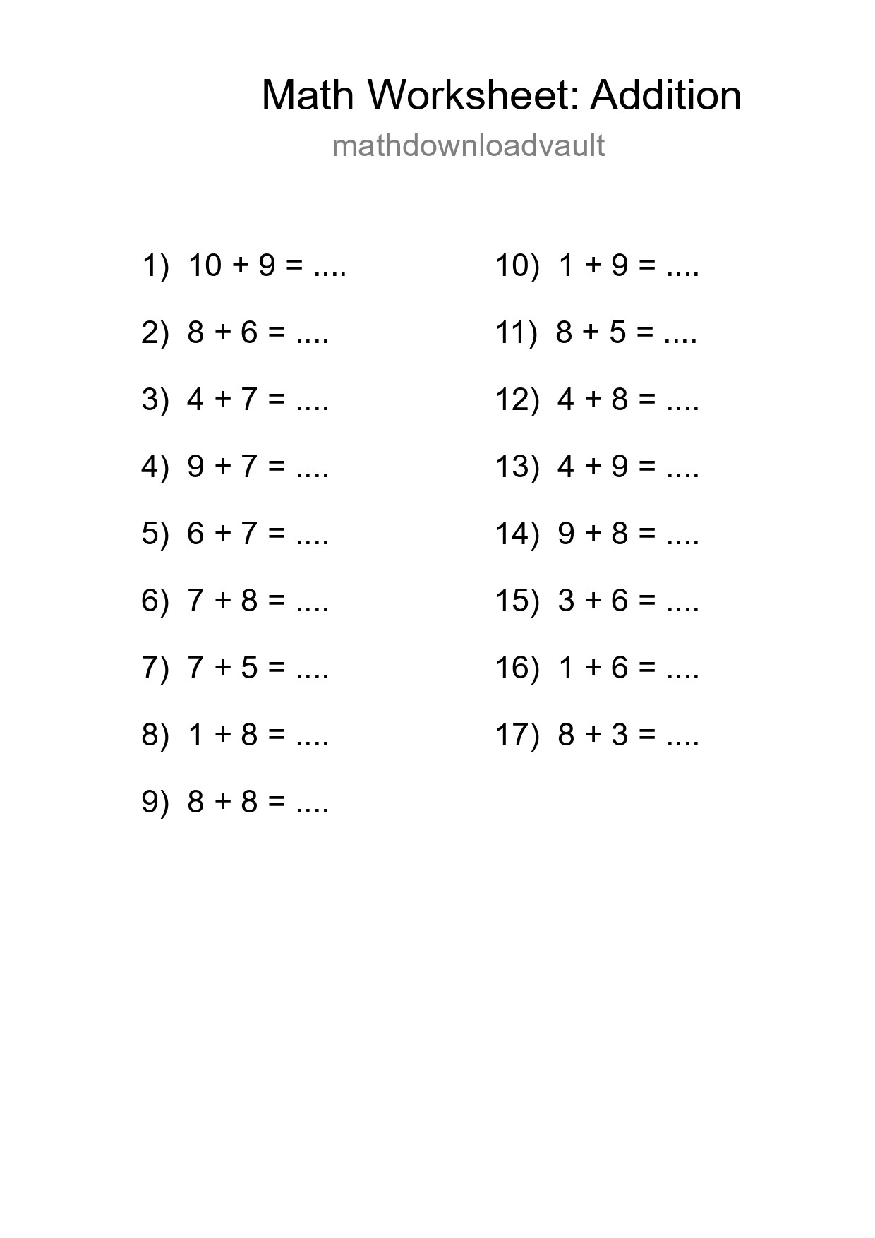 Free 17 Addition Math Worksheet For Grade 1 - Part 177