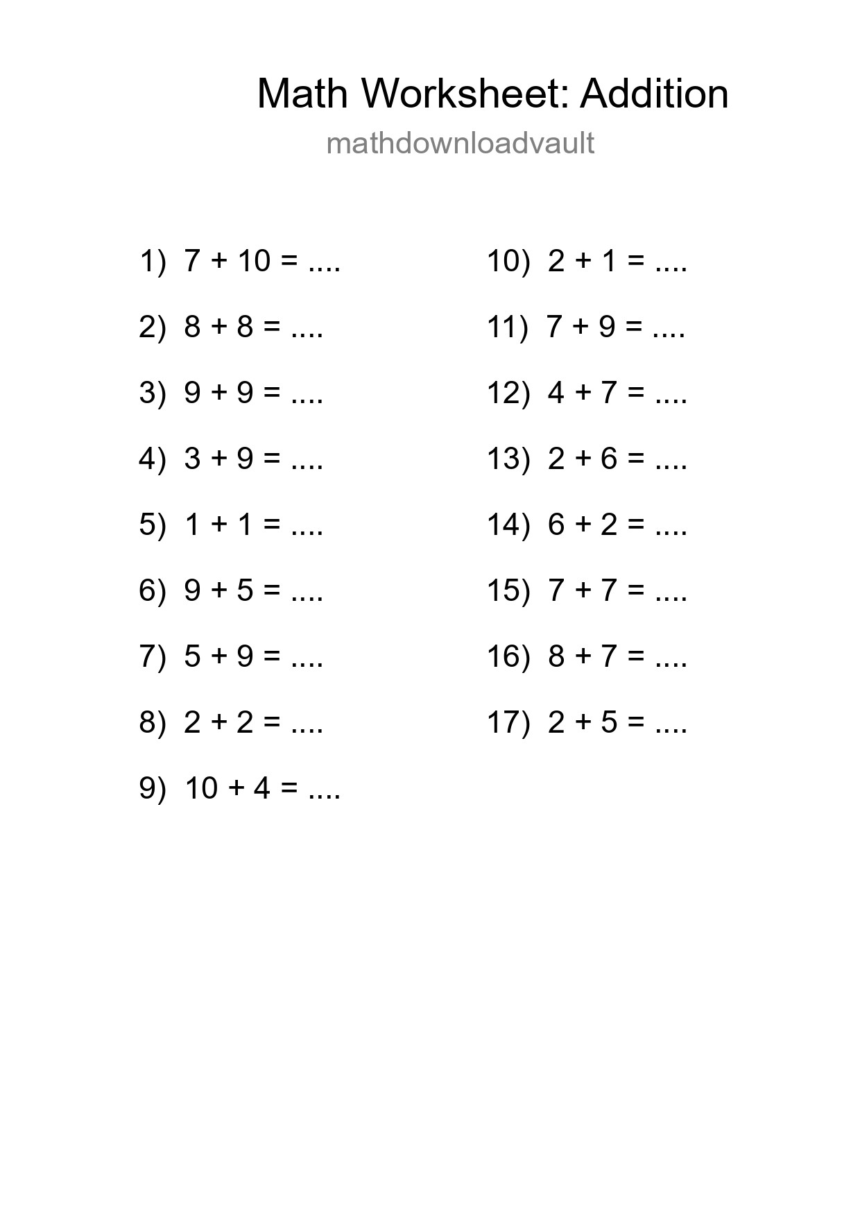 Free 17 Addition Math Worksheet For Grade 1 With Answers - Part 276