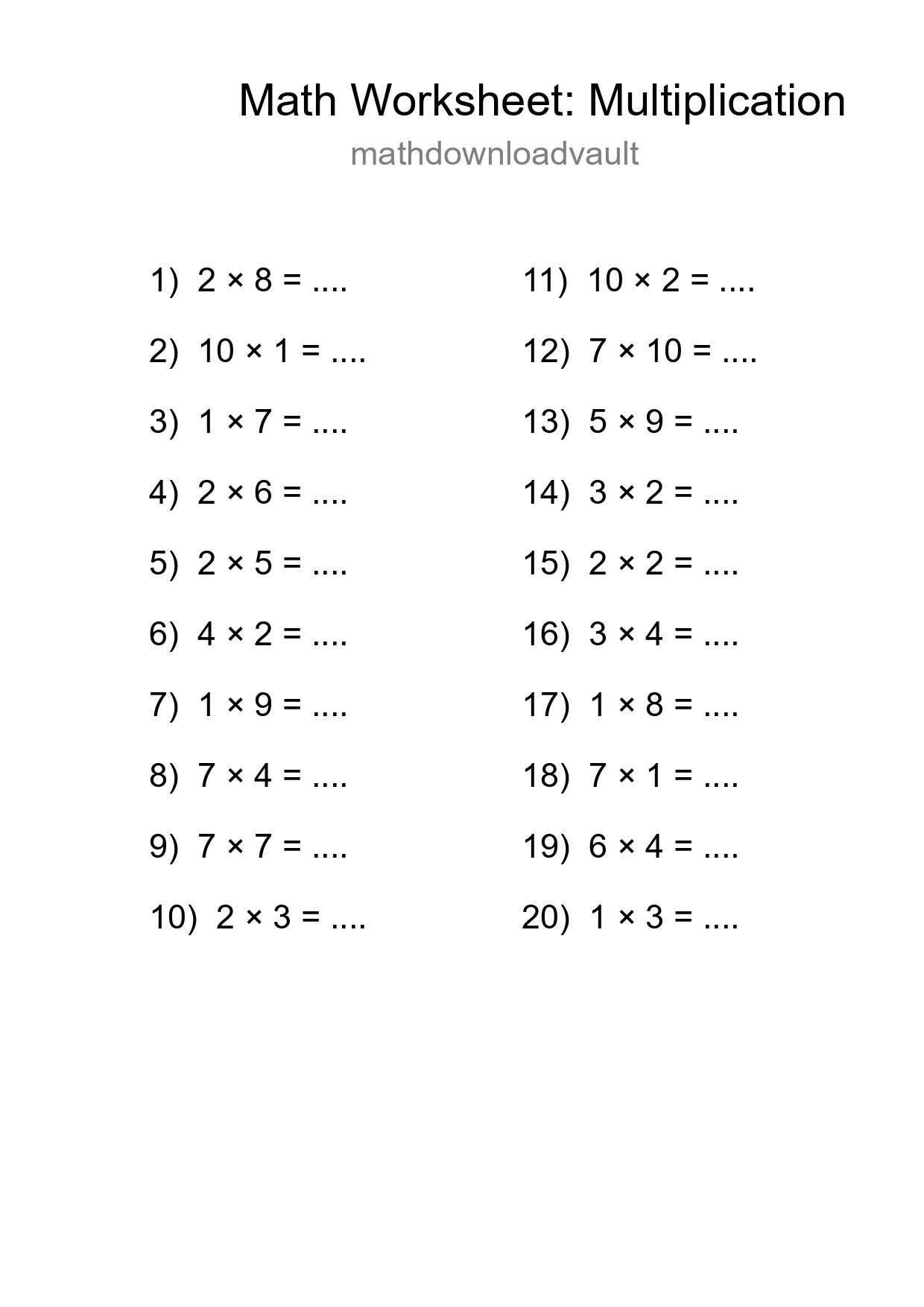 Free 20 Multiplication Math Worksheet For Grade 1 - Part 95