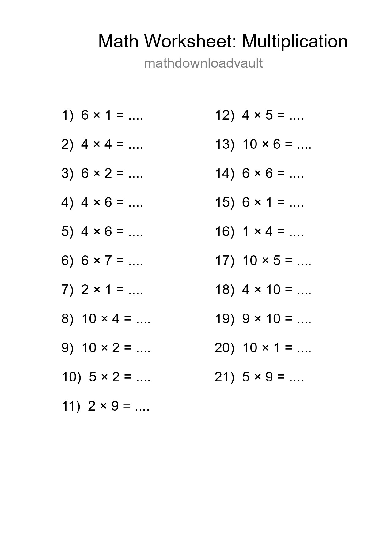 Free 21 Multiplication Math Worksheet For Grade 1 With Answers - Part 128