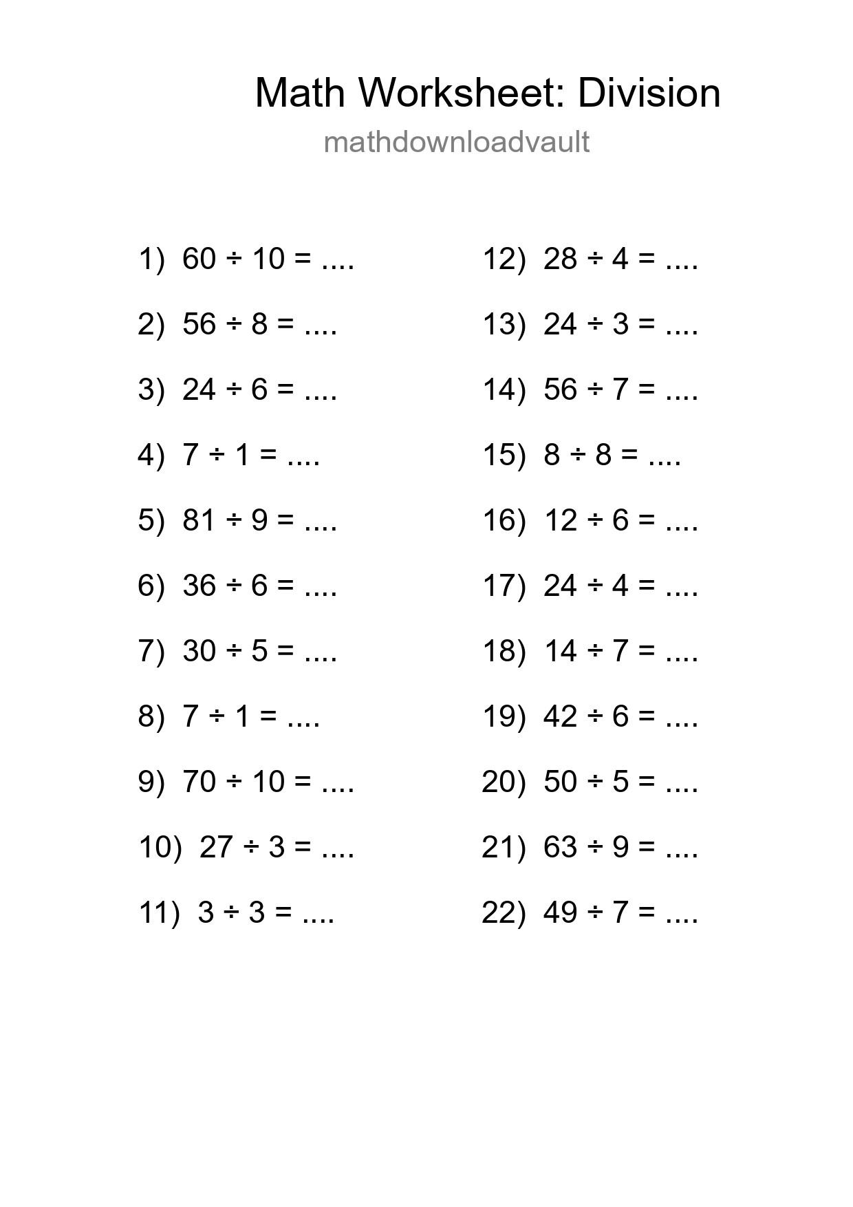 Free 22 Division Math Worksheet For Grade 1 With Answers - Part 246