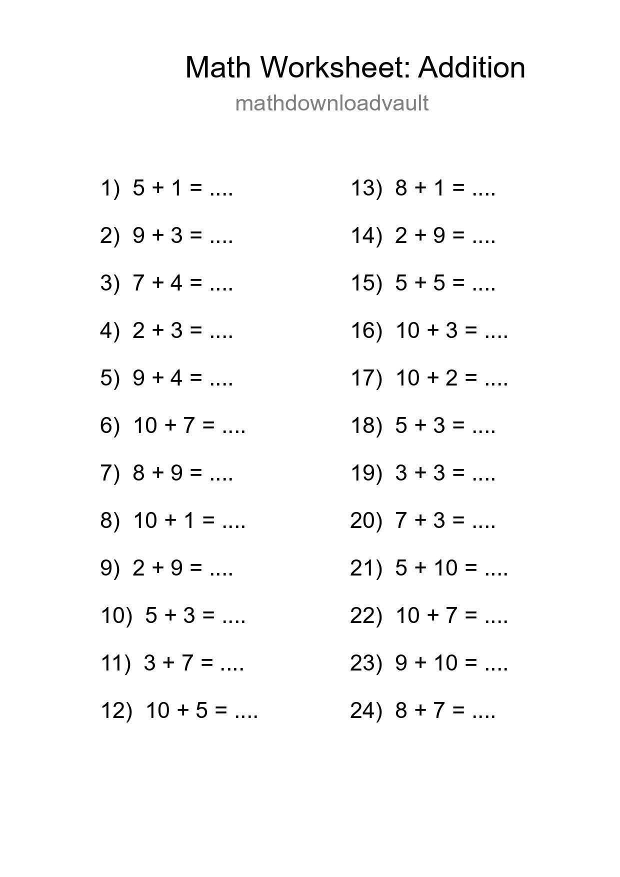 Free 24 Addition Math Worksheet For Grade 1 - Part 188