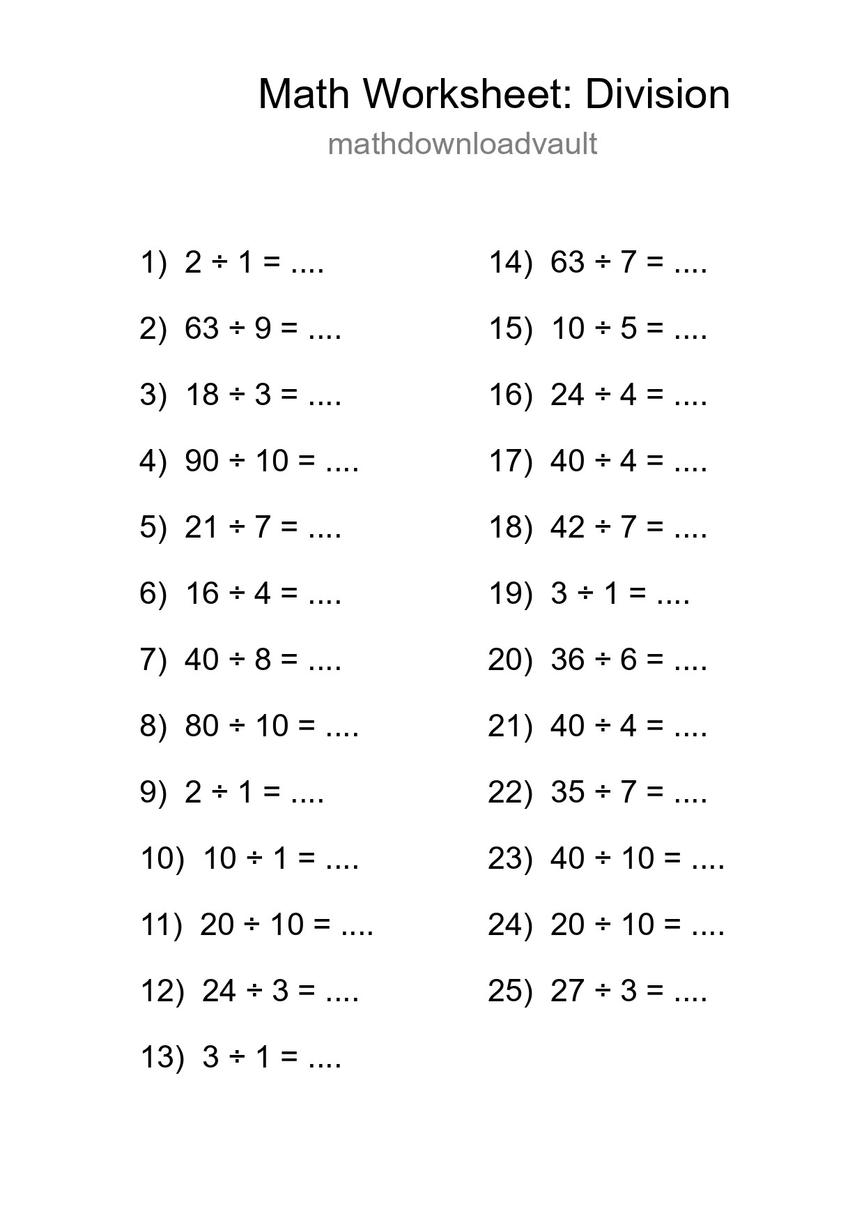 Free 25 Division Math Worksheet For Grade 1 With Answers - Part 15