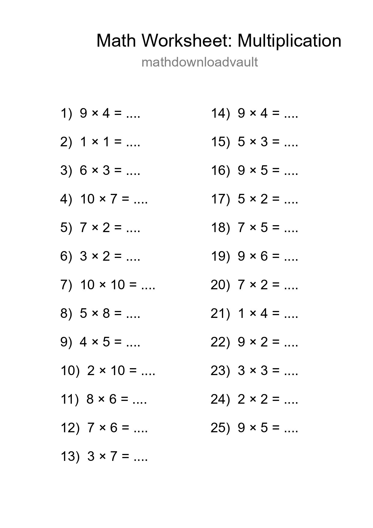 Free 25 Multiplication Math Worksheet For Grade 1 With Answers - Part 106
