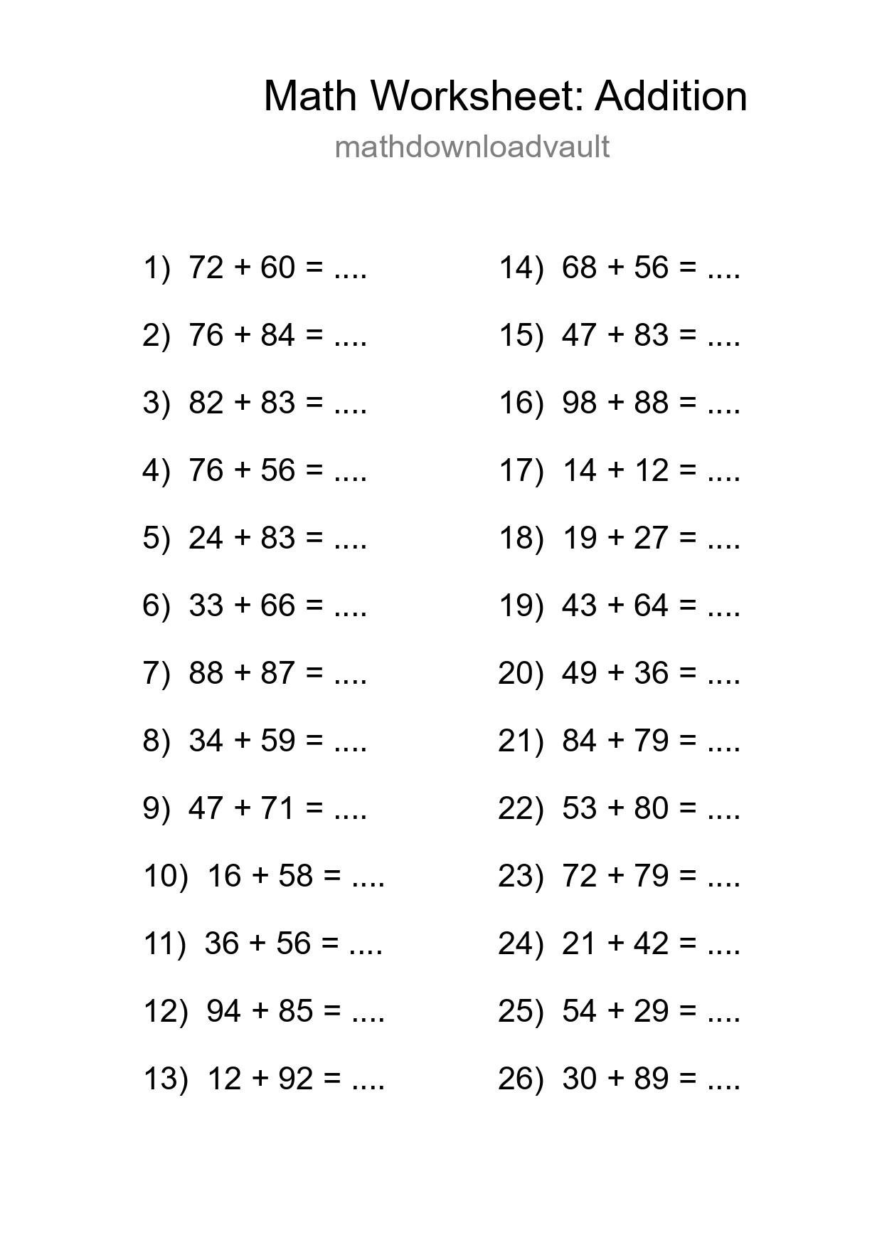 Free 26 Addition Math Worksheet For Grade 3 With Answers