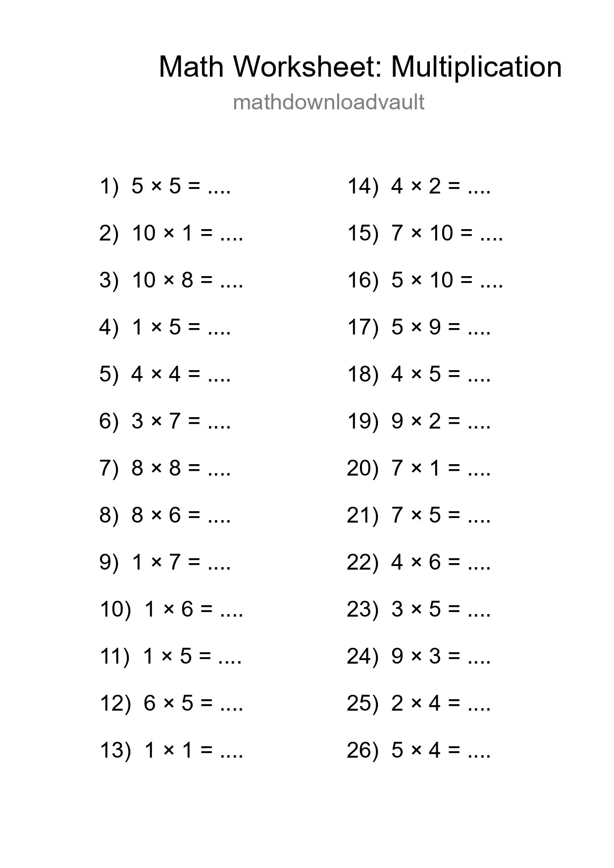 Free 26 Multiplication Math Worksheet For Grade 1 - Part 51