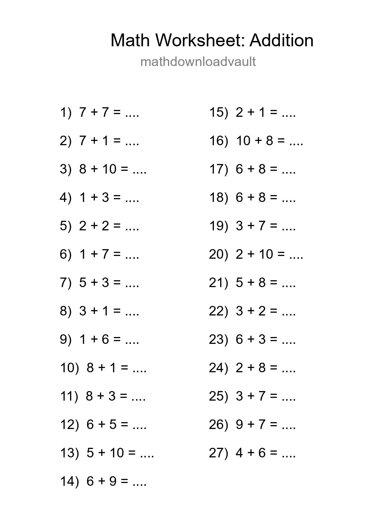 Free 27 Addition Math Worksheet For Grade 1 - Part 100