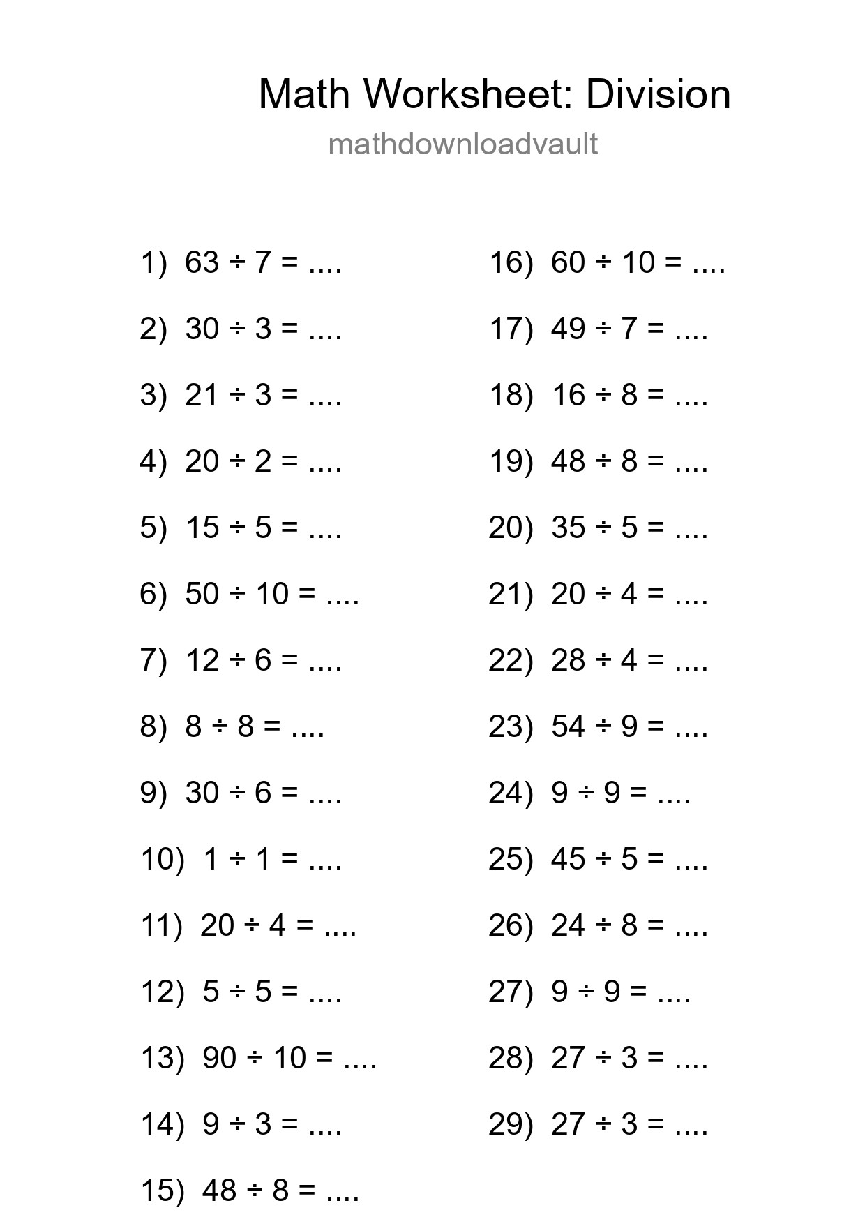 Free 29 Division Math Worksheet For Grade 1 - Part 103