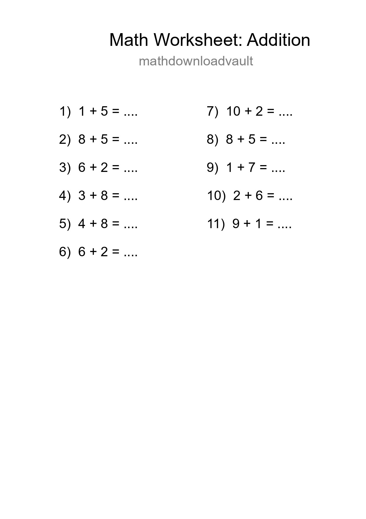 Grade 1 Addition Practice Worksheet (11 Problems) - Part 221