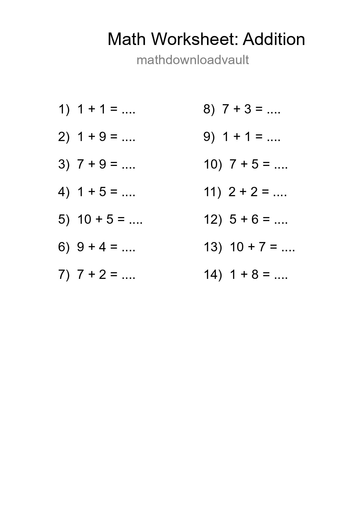 Grade 1 Addition Practice Worksheet (14 Problems) - Part 144