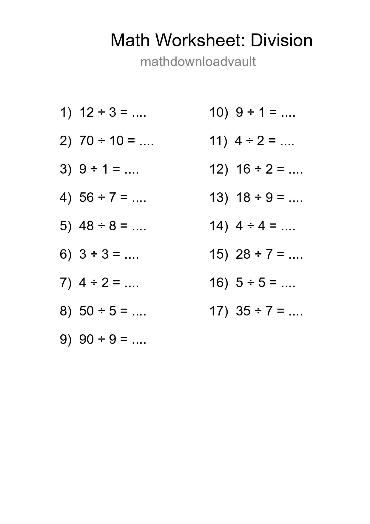 Grade 1 Division Practice Worksheet (17 Problems) - Part 268