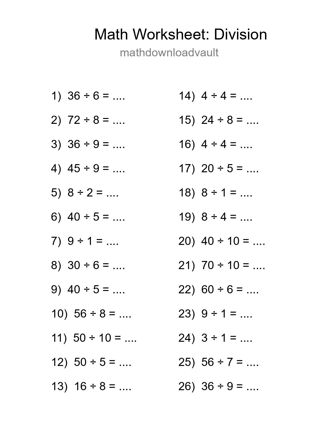 Grade 1 Division Practice Worksheet (26 Problems) - Part 235