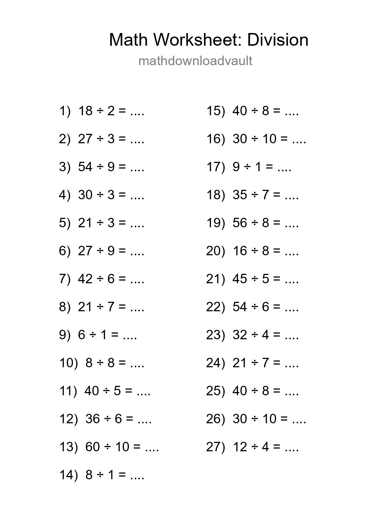 Grade 1 Division Practice Worksheet (27 Problems) - Part 26