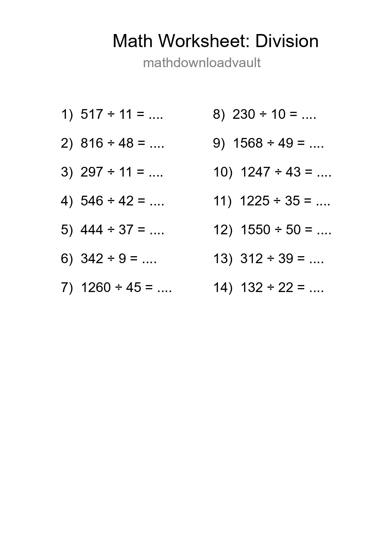Grade 2 Division Practice Worksheet (14 Problems) - Part 224