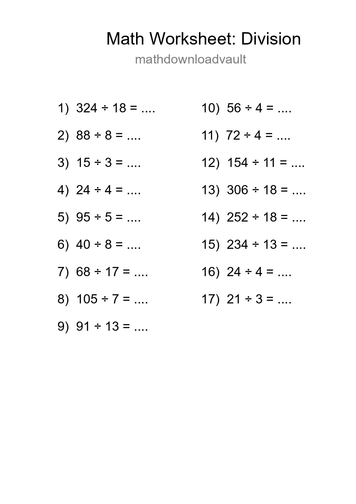 Grade 2 Division Practice Worksheet (17 Problems) - Part 59