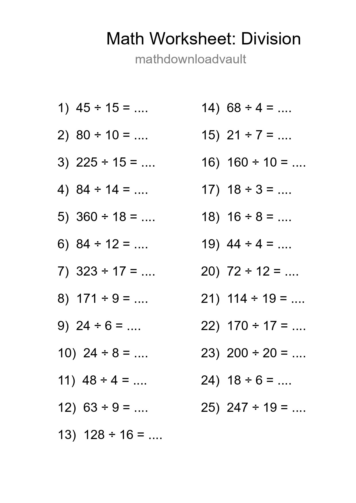 Grade 2 Division Practice Worksheet (25 Problems) - Part 114