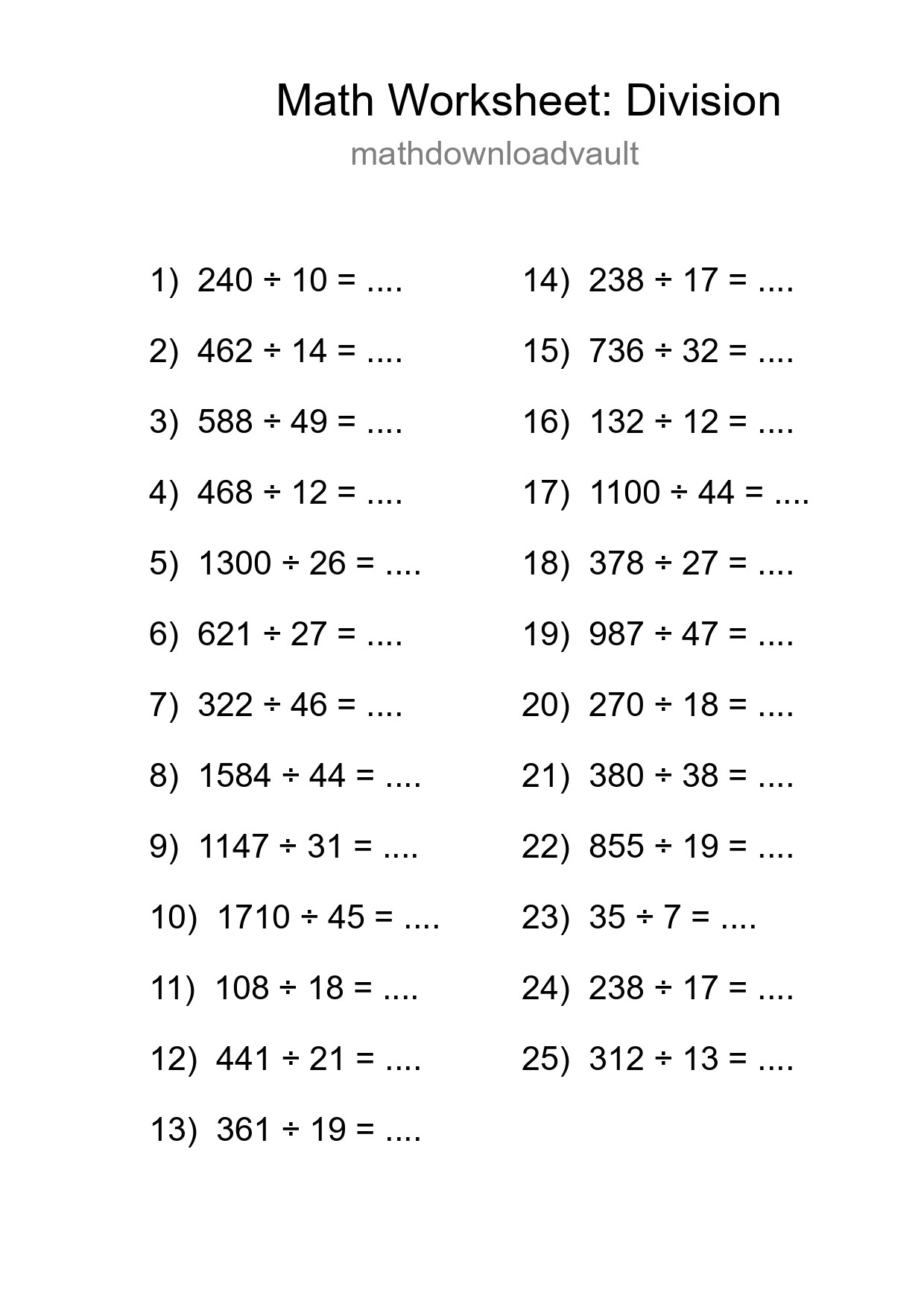 Grade 2 Division Practice Worksheet (25 Problems) - Part 290