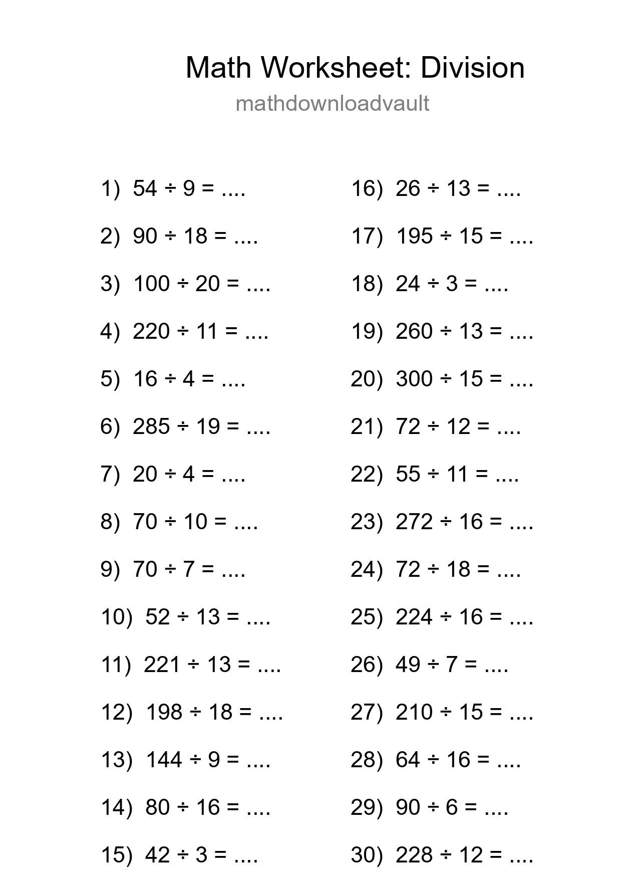 Grade 2 Division Practice Worksheet (30 Problems) - Part 125