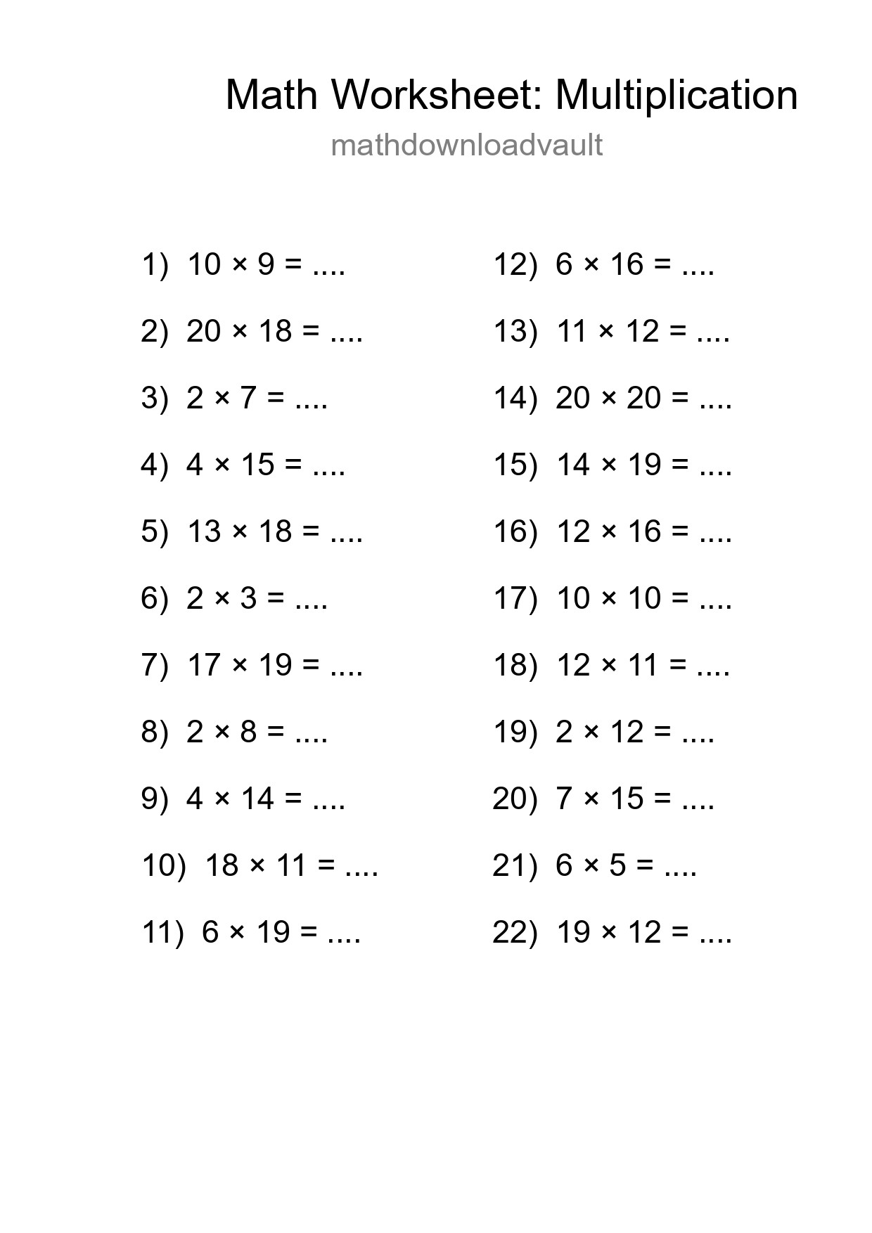 Grade 2 Multiplication Practice Worksheet (22 Problems) - Part 7