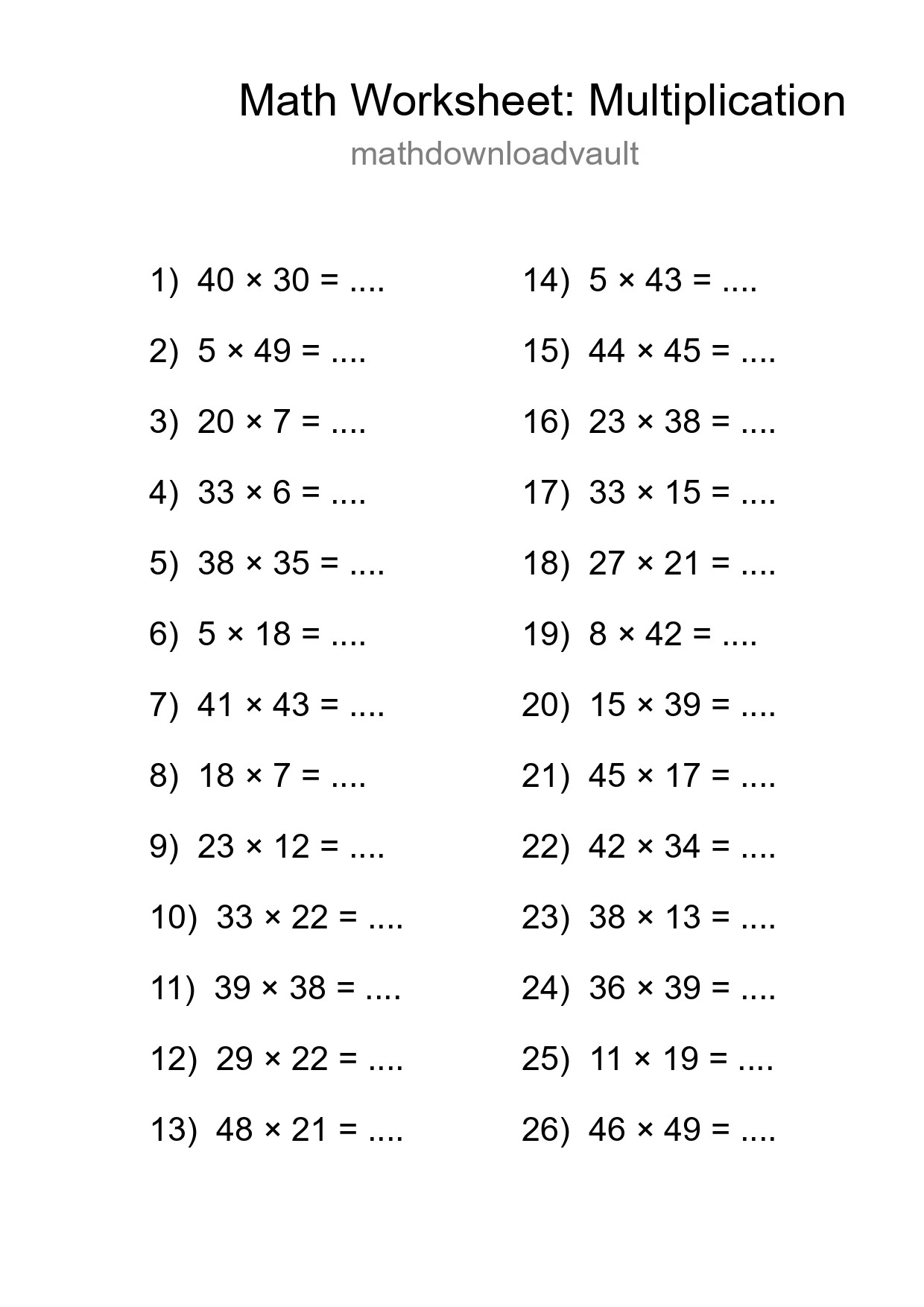 Grade 2 Multiplication Practice Worksheet (26 Problems) - Part 40
