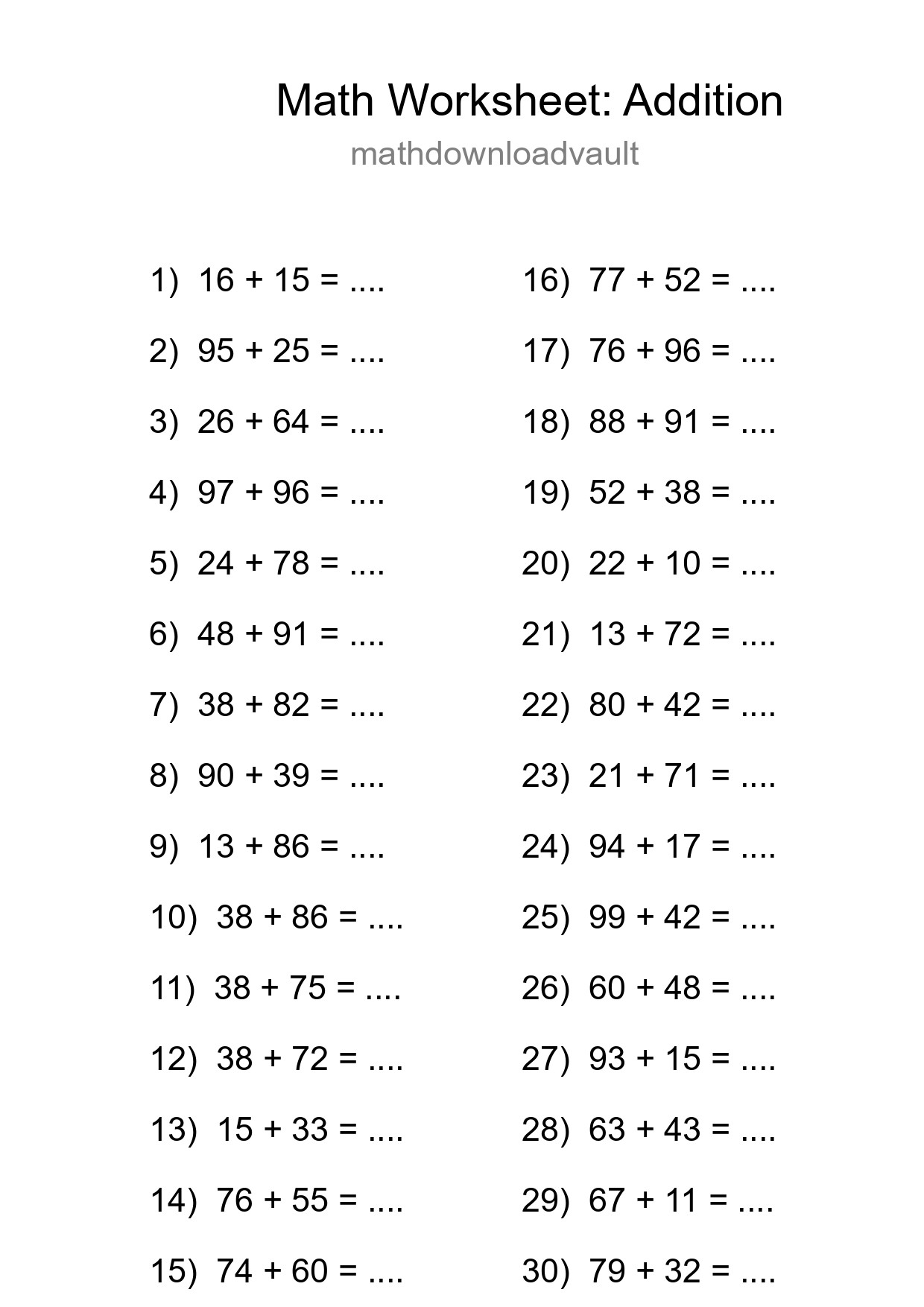 Grade 3 Addition Practice Worksheet (30 Problems) - Part 12