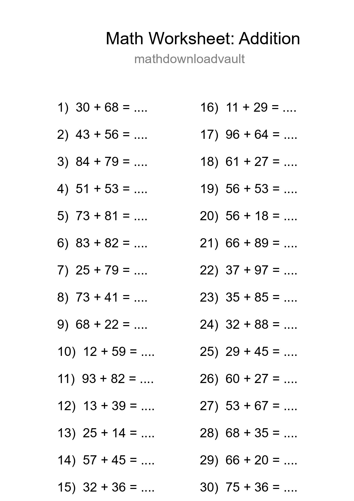 Grade 3 Addition Practice Worksheet (30 Problems) - Part 78