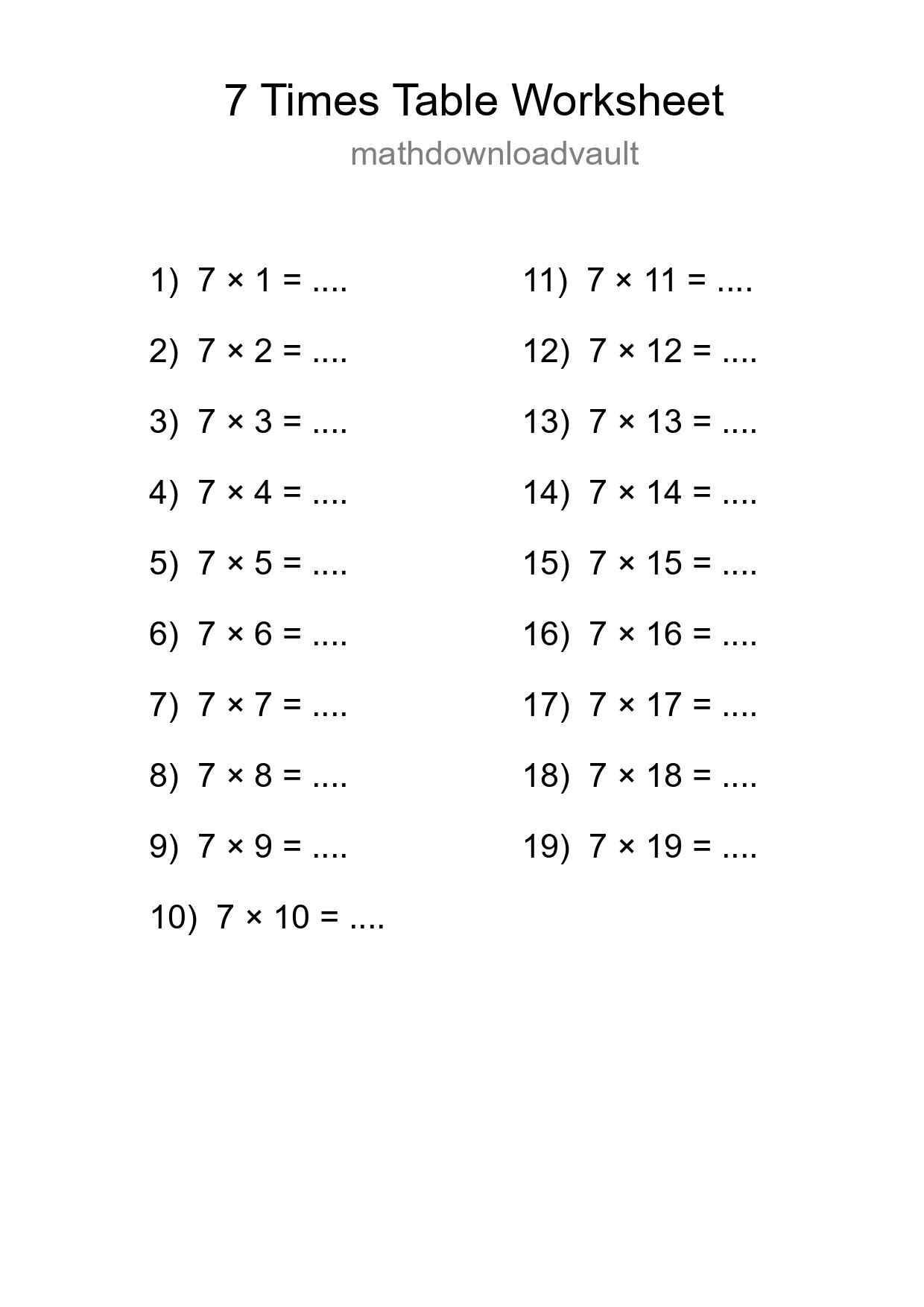 Grade 3 Multiplication Table 7 Practice - Part 9