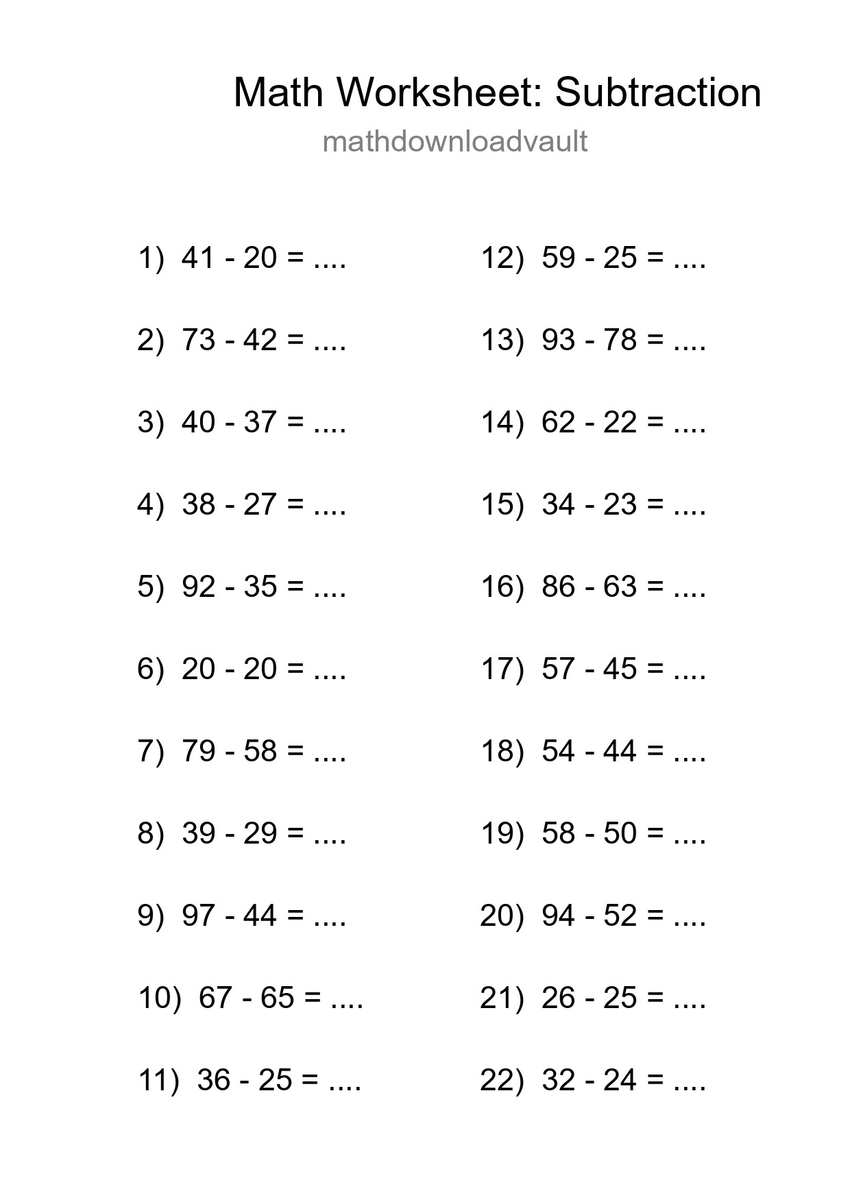 Grade 3 Subtraction Practice Worksheet (22 Problems) - Part 283