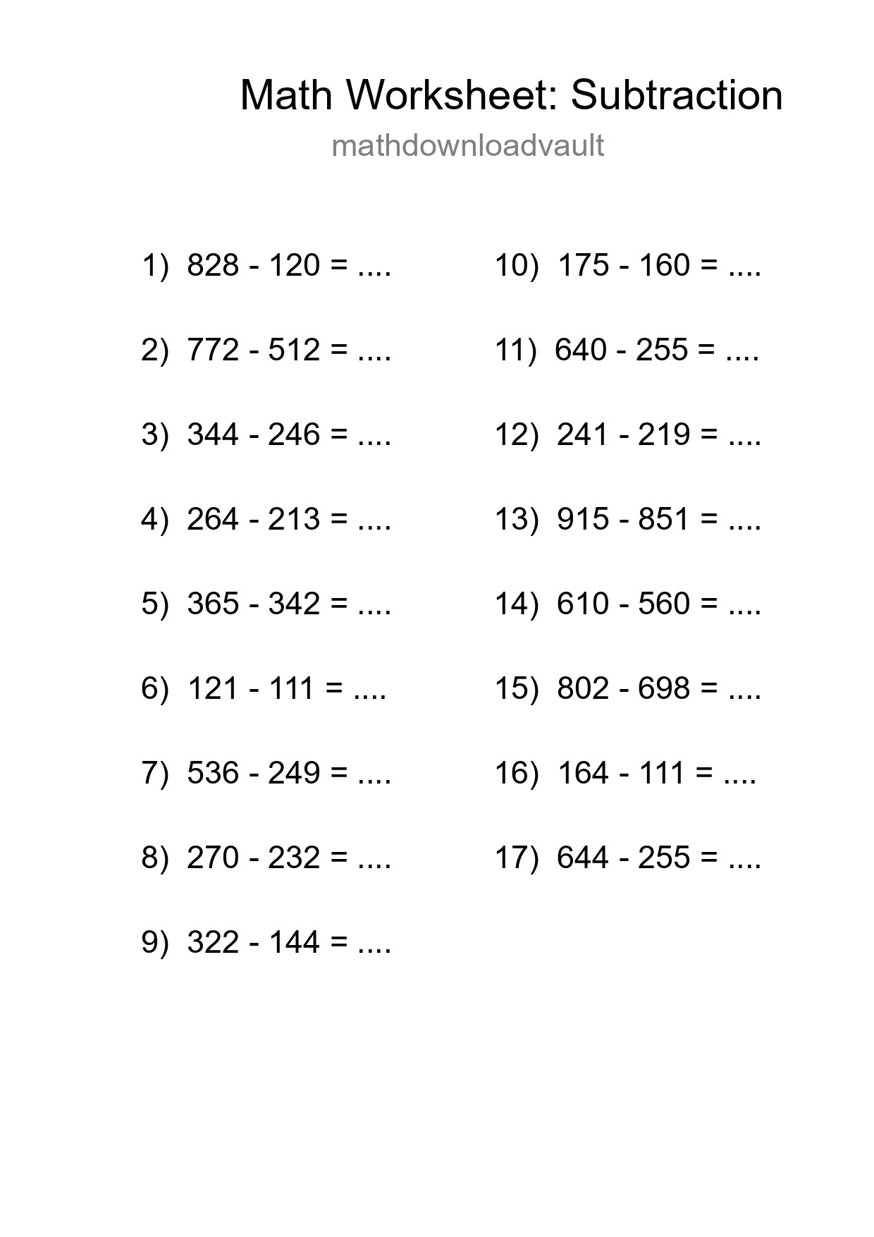 Grade 5 Subtraction Practice Worksheet (17 Problems) - Part 151