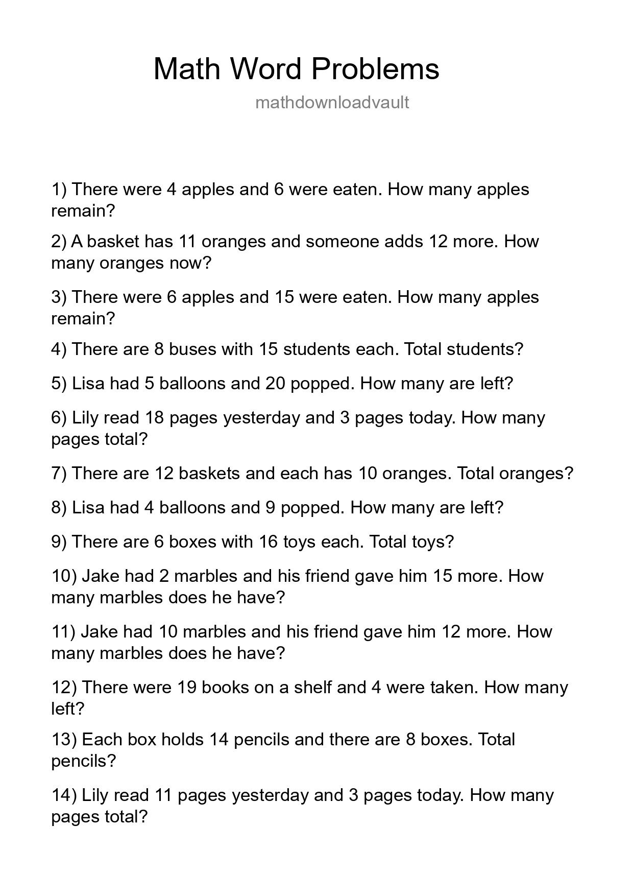 Math Word Problem Worksheet