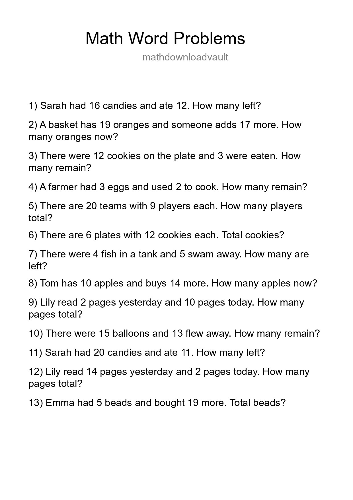 Math Word Problem Worksheet