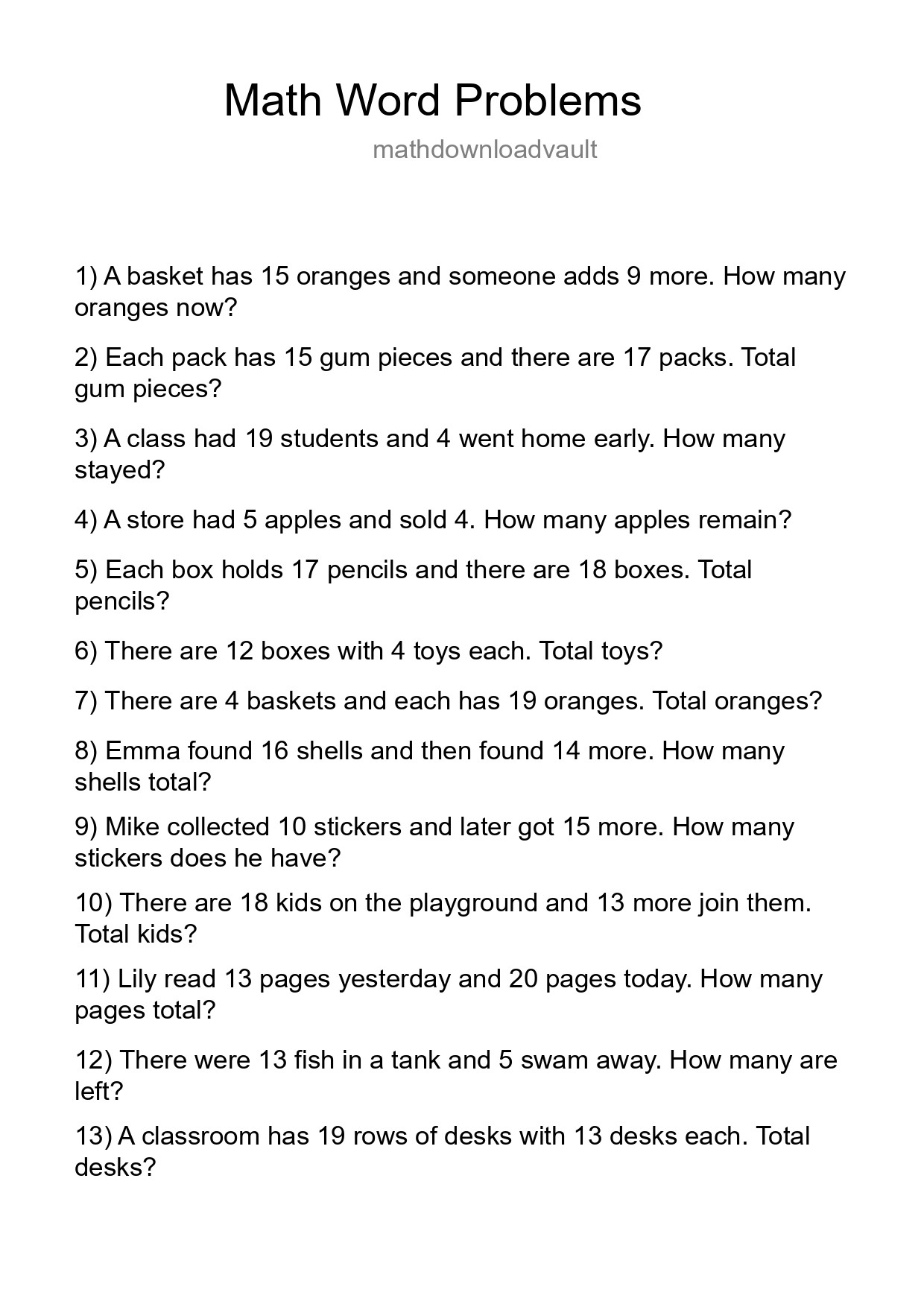 Math Word Problem Worksheet