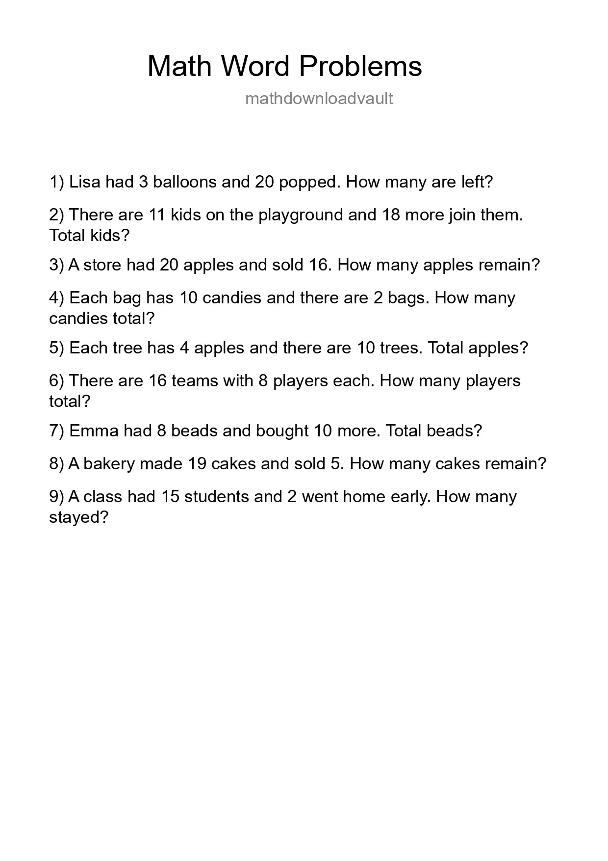 Math Word Problem Worksheet