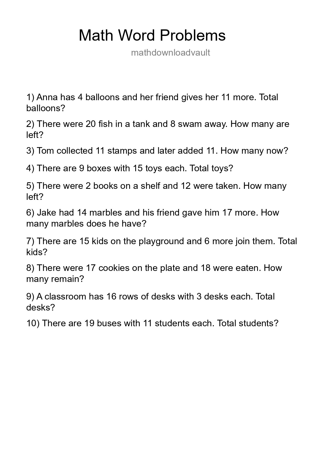 Math Word Problem Worksheet