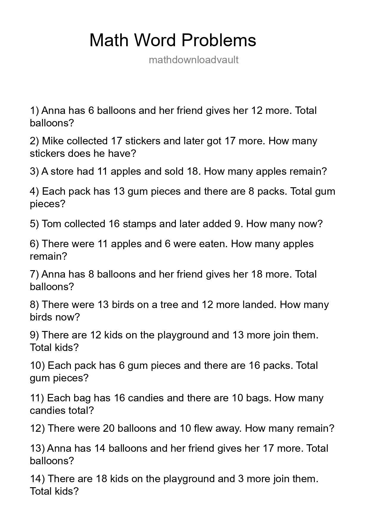 Math Word Problem Worksheet