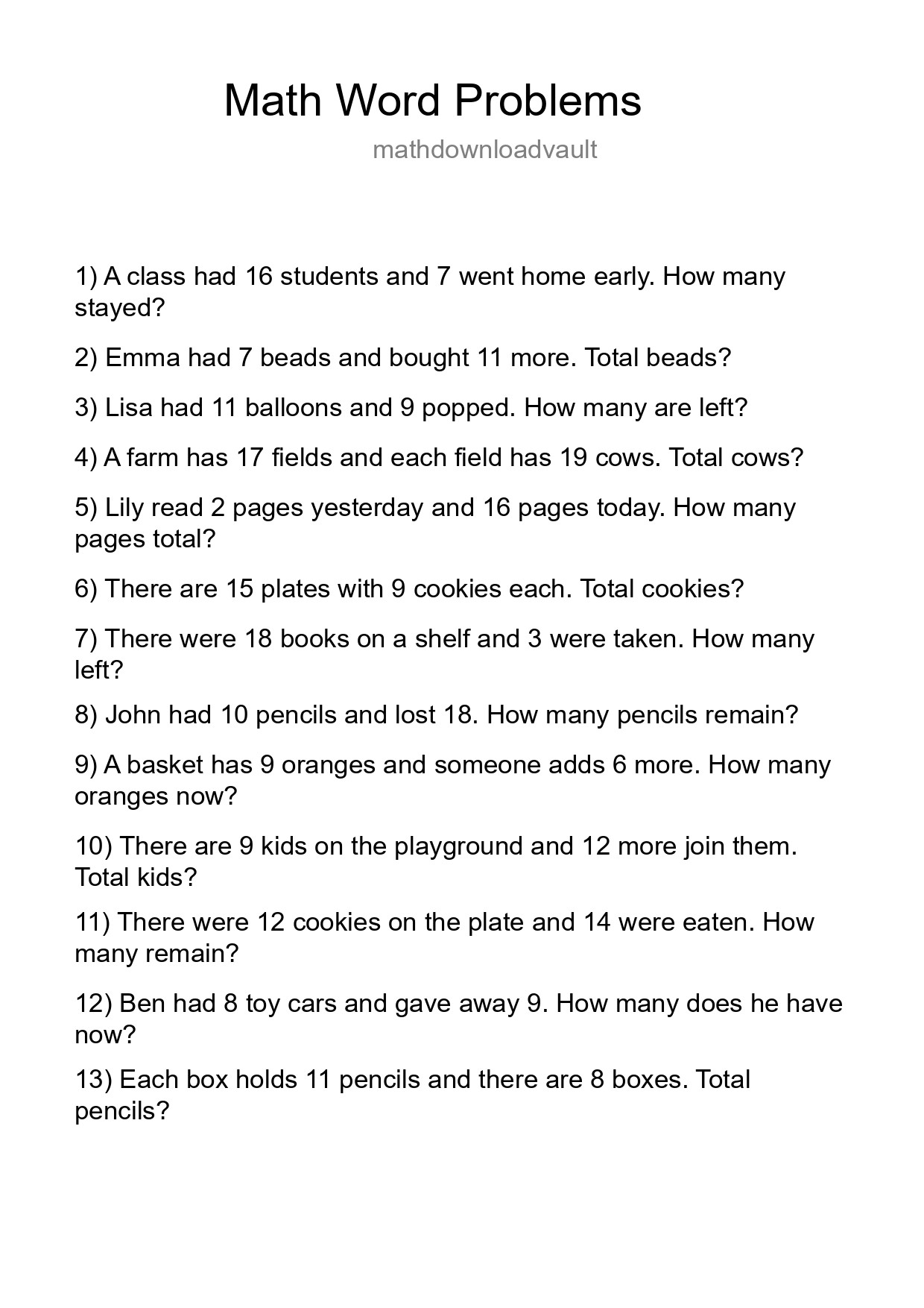 Math Word Problem Worksheet